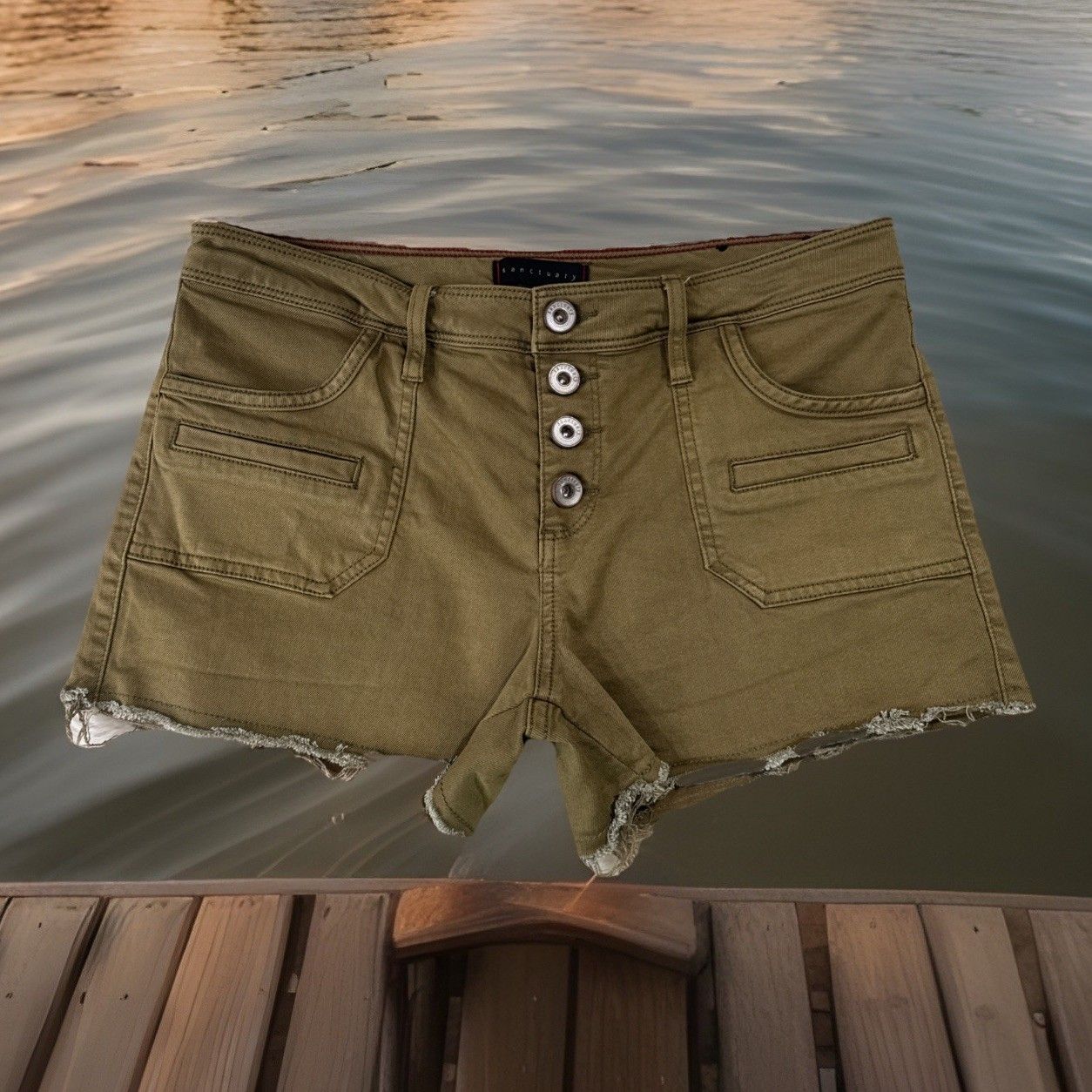 Sanctuary Boyfriend Shorts 26 (W31 Inseam 2.5) Olive Green Button Fly Womens